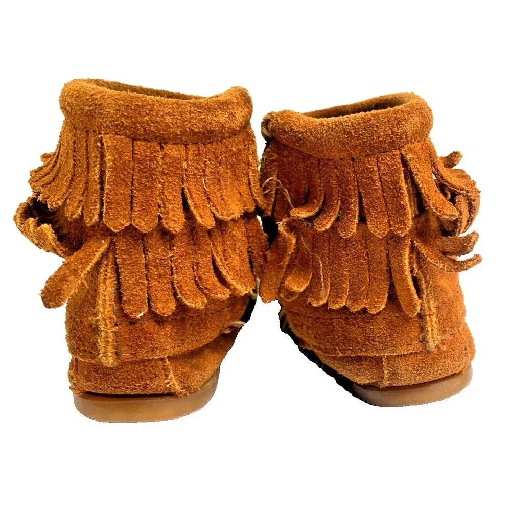 Minnetonka Girl's Brown Suede Leather Fringe Ankle Boots Moccasin Zipper -Sz 9T